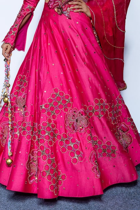Shop_Rishi and Vibhuti_Fuchsia Chanderi, Net Sequins, Embroidery V-neck Pink Royale Lehenga Set _Online_at_Aza_Fashions