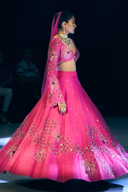 Rishi and Vibhuti_Fuchsia Chanderi, Net Sequins, Embroidery V-neck Pink Royale Lehenga Set _at_Aza_Fashions