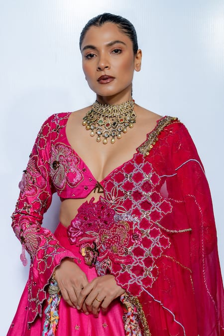 Buy_Rishi and Vibhuti_Fuchsia Chanderi, Net Sequins, Embroidery V-neck Pink Royale Lehenga Set 