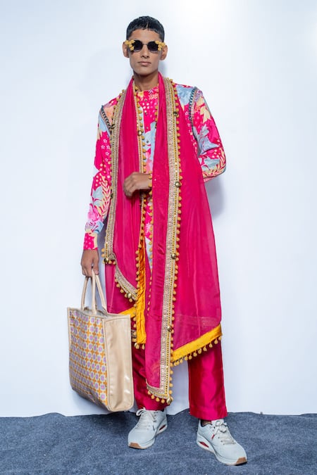 Buy_Rishi and Vibhuti_Fuchsia Chanderi Embroidery, Tassels Canvas Collar Kurta Set _Online_at_Aza_Fashions