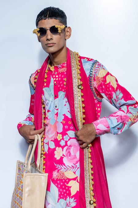 Shop_Rishi and Vibhuti_Fuchsia Chanderi Embroidery, Tassels Canvas Collar Kurta Set _Online_at_Aza_Fashions