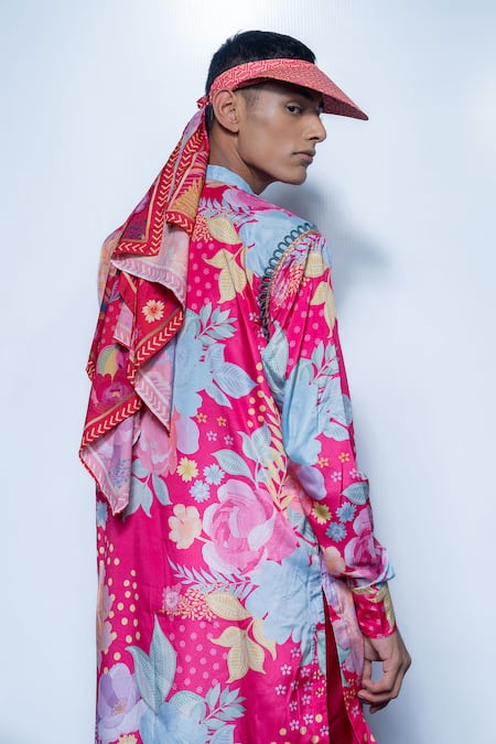 Rishi and Vibhuti_Fuchsia Chanderi Embroidery, Tassels Canvas Collar Kurta Set _at_Aza_Fashions