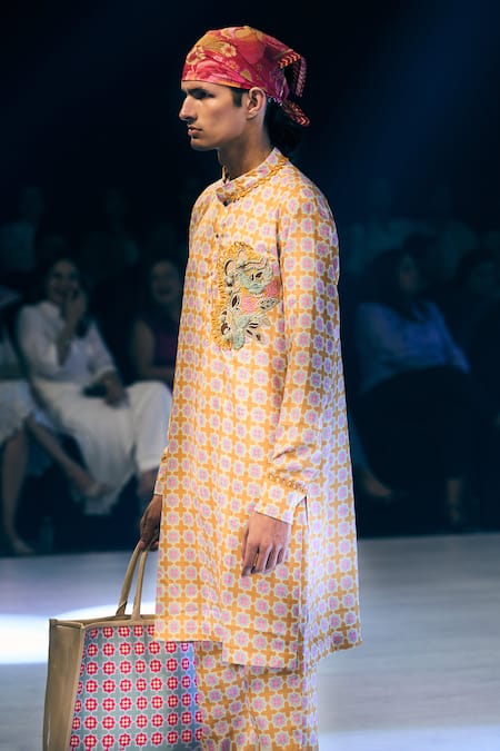 Rishi and Vibhuti_Maroon Crepe Embroidery Marigold Yellow Printed Kurta And Pant Set _Online_at_Aza_Fashions