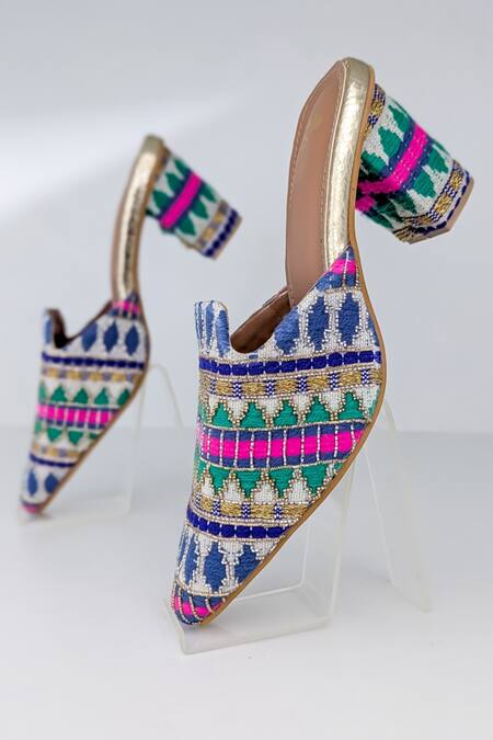 Azora_Blue Embroidery Mukhtalif Jacquard Heels _Online_at_Aza_Fashions