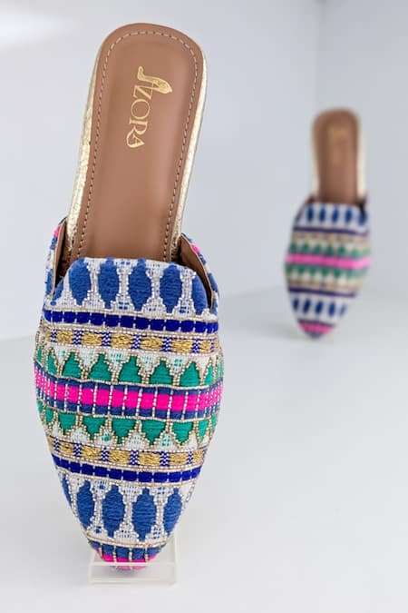 Buy_Azora_Blue Embroidery Mukhtalif Jacquard Heels _Online_at_Aza_Fashions