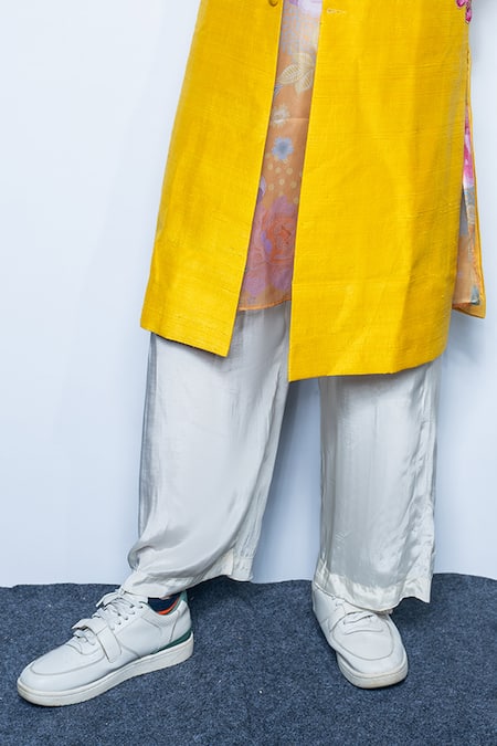 Rishi and Vibhuti_Yellow Dupion Embroidery Aura Jacket And Kurta Set _Online_at_Aza_Fashions