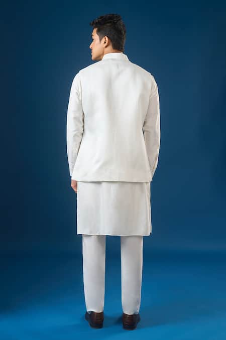 Rng Safawala_White Cotton, Silk, Dupion, Shantoon Embroidery Off Kurta-bundi Set _Online_at_Aza_Fashions