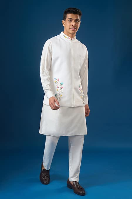 Buy_Rng Safawala_White Cotton, Silk, Dupion, Shantoon Embroidery Off Kurta-bundi Set 