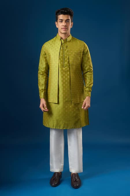 Buy Rng Safawala Green Brocade, Silk Olive Kurta-bundi Set Online at Aza Fashions Buy_Rng Safawala_Green Brocade, Silk Olive Kurta-bundi Set _Online_at_Aza_Fashions