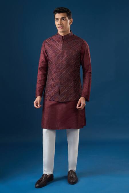 Shop_Rng Safawala_Maroon Silk, Dupion, Shantoon Embroidery, Sequins Kurta-bundi Set