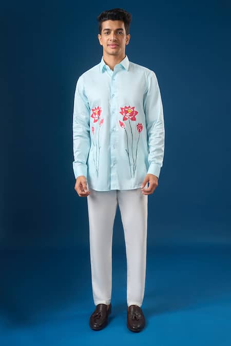 Buy_Rng Safawala_Blue Crepe, Silk Embroidery Sky Floral Shirt 