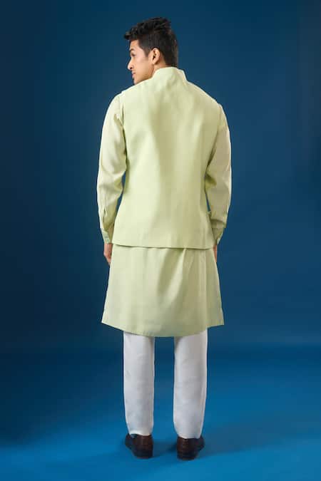 Rng Safawala_Green Cotton, Silk, Dupion Embroidery, Cut Work Pista Kurta-bundi Set _Online_at_Aza_Fashions