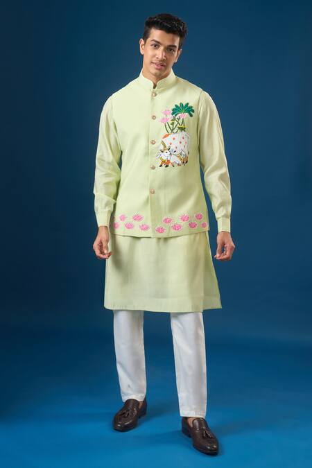 Buy_Rng Safawala_Green Cotton, Silk, Dupion Embroidery, Cut Work Pista Kurta-bundi Set 