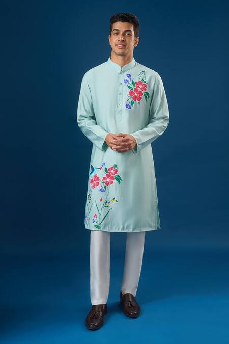 Shop_Rng Safawala_Blue Cotton, Silk Embroidery Sky Floral Printed Kurta Set _Online_at_Aza_Fashions