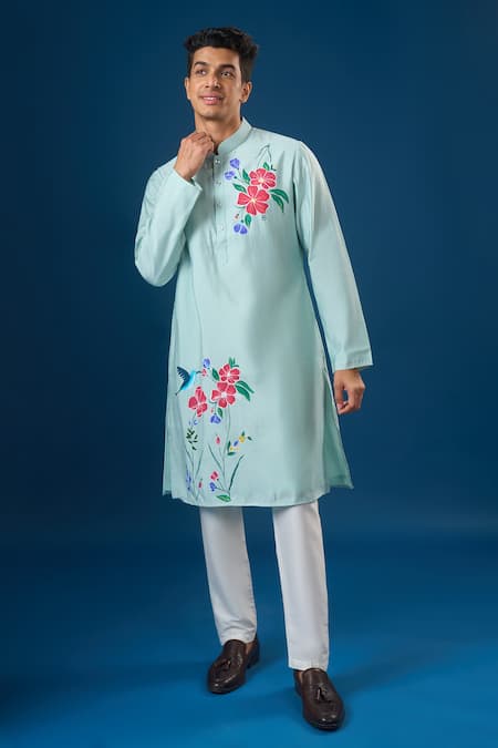 Rng Safawala_Blue Cotton, Silk Embroidery Sky Floral Printed Kurta Set _Online_at_Aza_Fashions