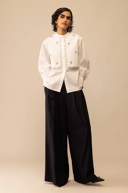 Bunka_White Cotton Embroidery, Lace Mandarin Collar Nora Shirt _at_Aza_Fashions