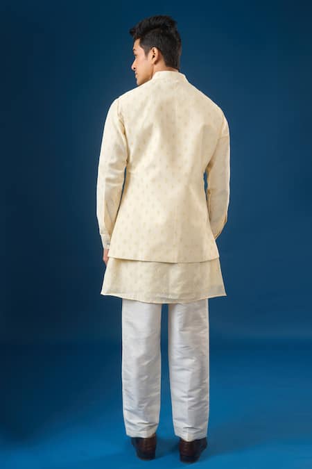 Shop Rng Safawala Cream Cotton, Silk, Dupion Embroidery Brocade Kurta-bundi Set at Aza Fashions Shop_Rng Safawala_Cream Cotton, Silk, Dupion Embroidery Brocade Kurta-bundi Set _at_Aza_Fashions