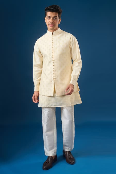 Buy Rng Safawala Cream Cotton, Silk, Dupion Embroidery Brocade Kurta-bundi Set Online at Aza Fashions Buy_Rng Safawala_Cream Cotton, Silk, Dupion Embroidery Brocade Kurta-bundi Set _Online_at_Aza_Fashions