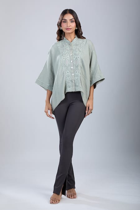 Buy_Tarun Tahiliani_Green Embroidery Mandarin Collar Kimono Style Shirt 