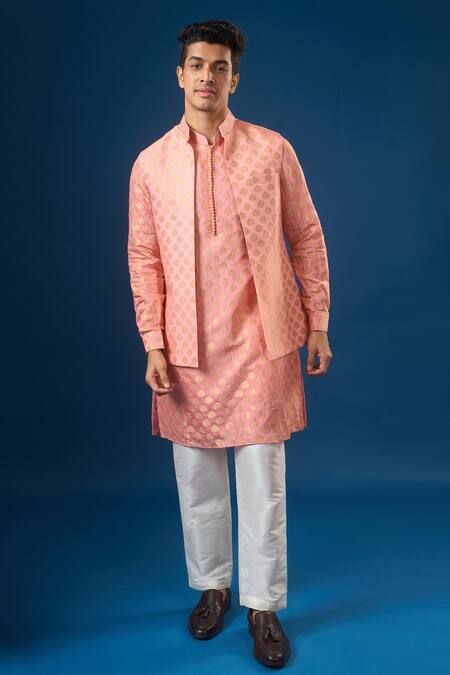Shop_Rng Safawala_Pink Brocade, Silk Embroidery Mauve Kurta-bundi Set _Online_at_Aza_Fashions