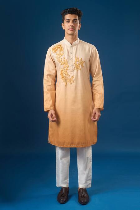 Buy_Rng Safawala_Yellow Cotton Embroidery Ombre Kurta Set _Online_at_Aza_Fashions