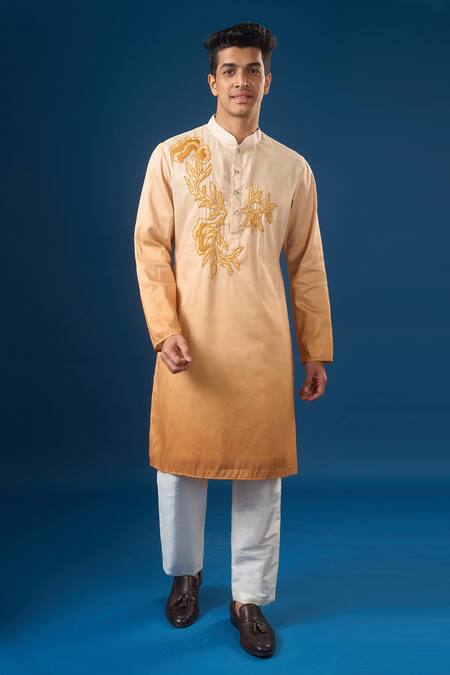 Shop_Rng Safawala_Yellow Cotton Embroidery Ombre Kurta Set _Online_at_Aza_Fashions
