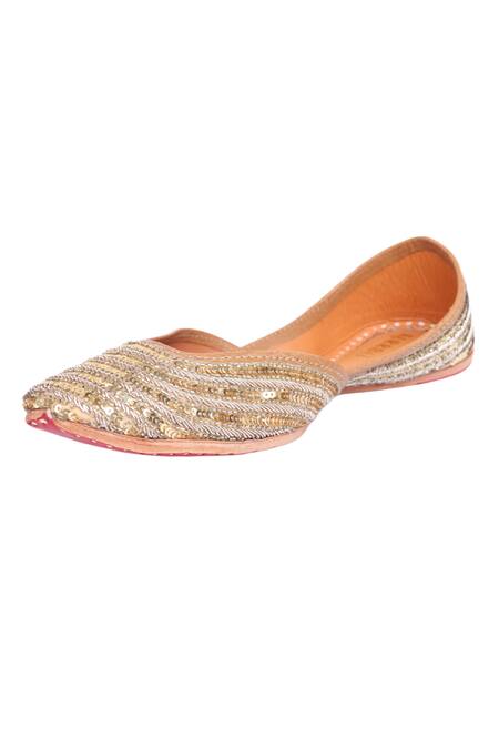 Shop_Kurrbat_Gold Chandelier Embroidered Juttis _Online_at_Aza_Fashions