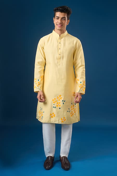 Shop Rng Safawala Yellow Satin, Embroidery Floral Printed Kurta Set Online at Aza Fashions Shop_Rng Safawala_Yellow Satin, Embroidery Floral Printed Kurta Set _Online_at_Aza_Fashions