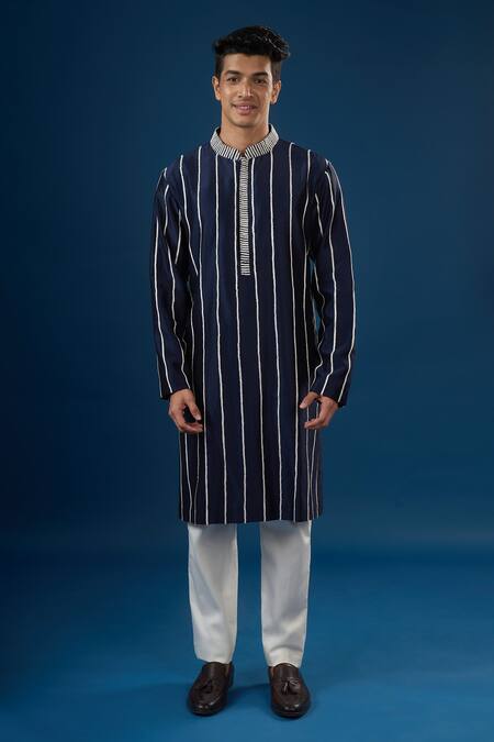 Shop Countrymade Blue Embroidery Navy Linear Pattern Kurta Set Online at Aza Fashions Shop_Countrymade_Blue Embroidery Navy Linear Pattern Kurta Set _Online_at_Aza_Fashions