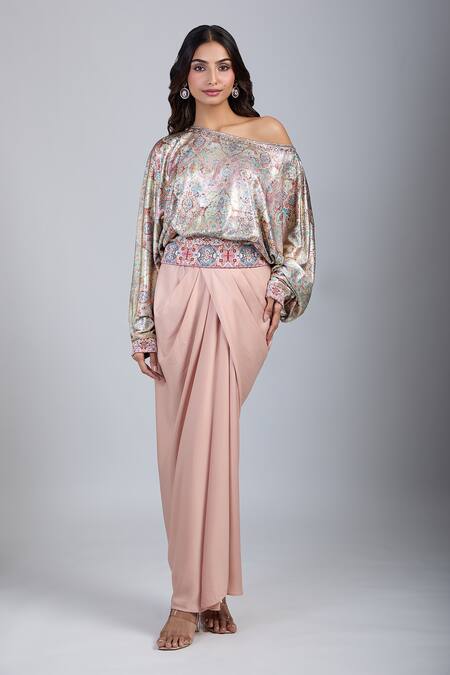 Tarun Tahiliani_Pink Sequins Asymmetric One Shoulder Tile Print Crop Top_at_Aza_Fashions
