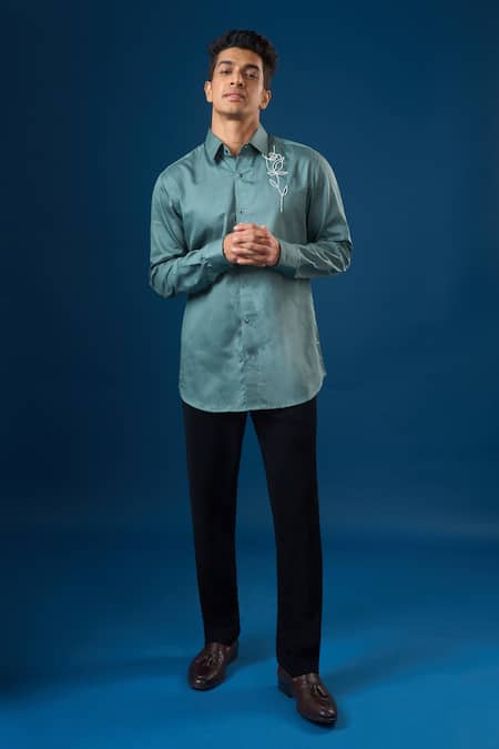 Rng Safawala Green Crepe, Silk Embroidery Rama Rose Shirt 