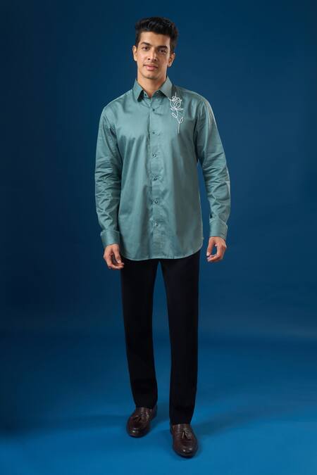 Rng Safawala_Green Crepe, Silk Embroidery Rama Rose Shirt _at_Aza_Fashions