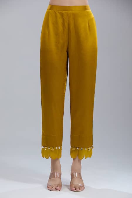 Prisho_Yellow Embroidery, Tassels Round Neck Kurta Pant Set _Online_at_Aza_Fashions