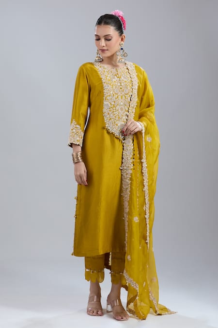 Prisho Yellow Embroidery, Tassels Round Neck Kurta Pant Set 