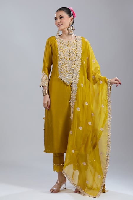 Shop_Prisho_Yellow Embroidery, Tassels Round Neck Kurta Pant Set _Online_at_Aza_Fashions