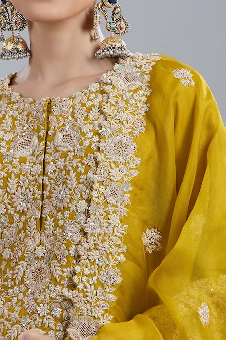 Prisho_Yellow Embroidery, Tassels Round Neck Kurta Pant Set _at_Aza_Fashions
