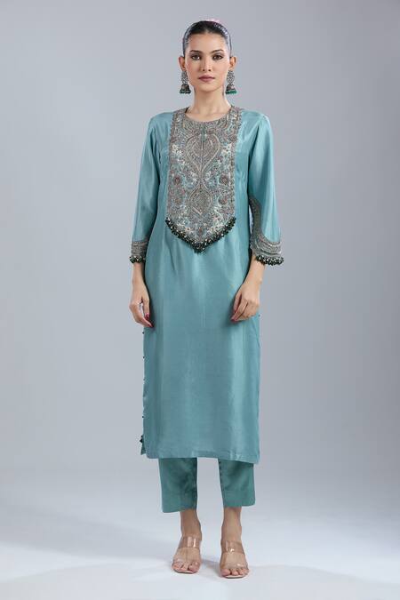 Buy_Prisho_Blue Embroidery, Beads, Sequins Round Neck Kurta Pant Set _Online_at_Aza_Fashions
