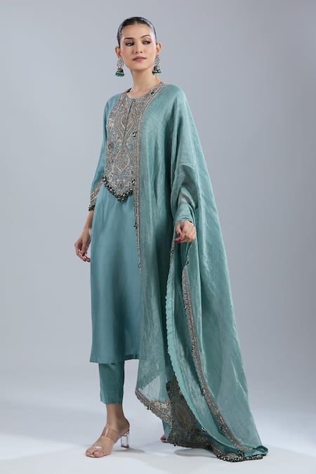 Prisho Blue Embroidery, Beads, Sequins Round Neck Kurta Pant Set