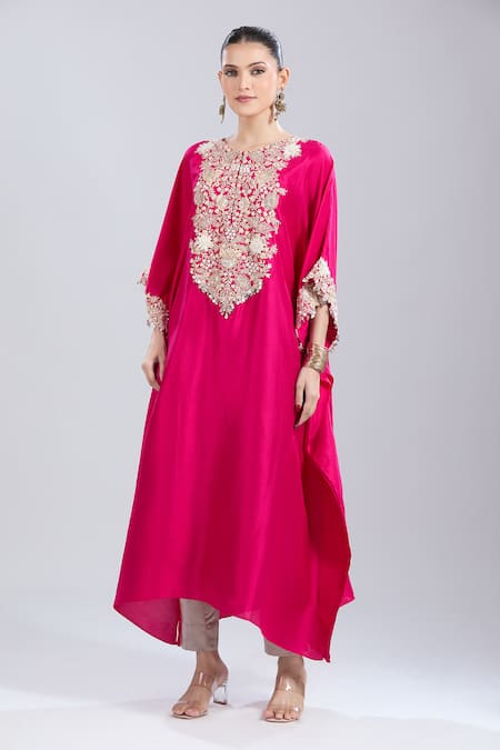 Prisho Fuchsia Embroidery Round Neck 3d Floral Kaftan And Pant Set 
