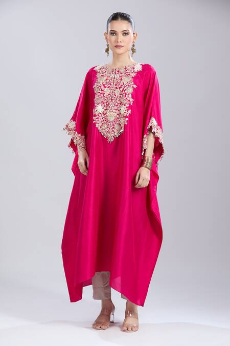 Buy_Prisho_Fuchsia Embroidery Round Neck 3d Floral Kaftan And Pant Set _Online_at_Aza_Fashions