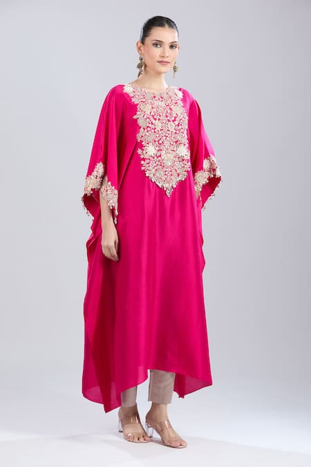 Shop_Prisho_Fuchsia Embroidery Round Neck 3d Floral Kaftan And Pant Set _Online_at_Aza_Fashions