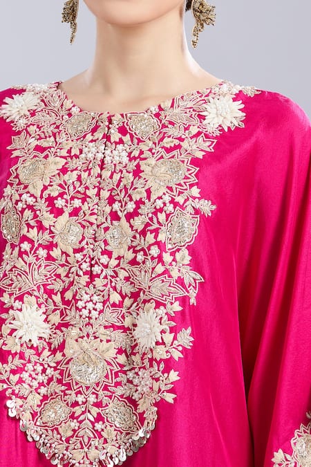 Prisho_Fuchsia Embroidery Round Neck 3d Floral Kaftan And Pant Set _at_Aza_Fashions