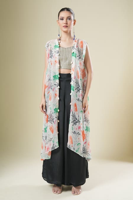 Buy_Samyukta Singhania_Black Chiffon, Georgette Embroidery Round , Open Cape And Palazzo Set _Online_at_Aza_Fashions