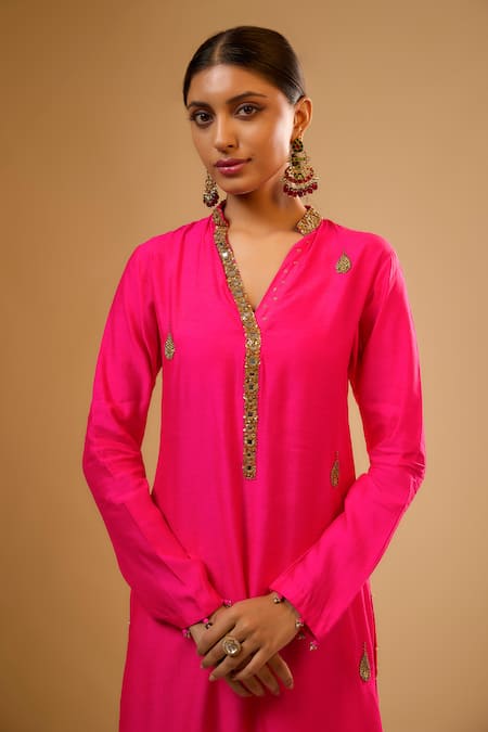 Shop_Label Niti Bothra_Pink Silk Embroidery V-neck Kurta With Pant _Online_at_Aza_Fashions