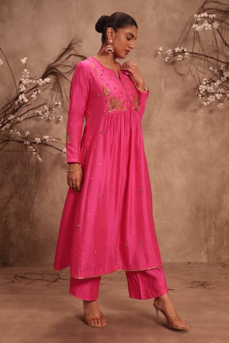 Label Niti Bothra_Pink Silk Sequins, Embroidery Round Neck Kurta With Pant _Online_at_Aza_Fashions