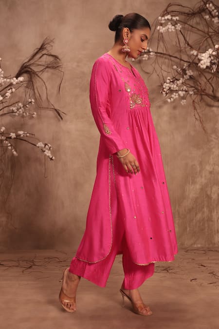 Buy_Label Niti Bothra_Pink Silk Sequins, Embroidery Round Neck Kurta With Pant _Online_at_Aza_Fashions