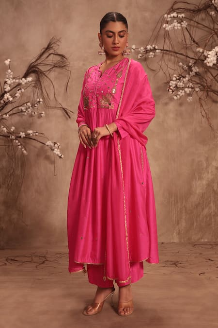 Shop_Label Niti Bothra_Pink Silk Sequins, Embroidery Round Neck Kurta With Pant _Online_at_Aza_Fashions
