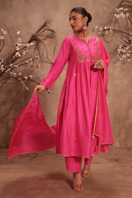 Label Niti Bothra_Pink Silk Sequins, Embroidery Round Neck Kurta With Pant _at_Aza_Fashions