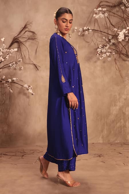 Label Niti Bothra_Blue Silk Embroidery, Sequins Round Neck Kurta With Pant _Online_at_Aza_Fashions