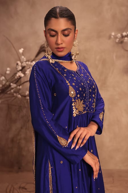 Shop_Label Niti Bothra_Blue Silk Embroidery, Sequins Round Neck Kurta With Pant _Online_at_Aza_Fashions
